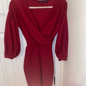 Boohoo Red Ruched Wrap Dress with Cowl Neck